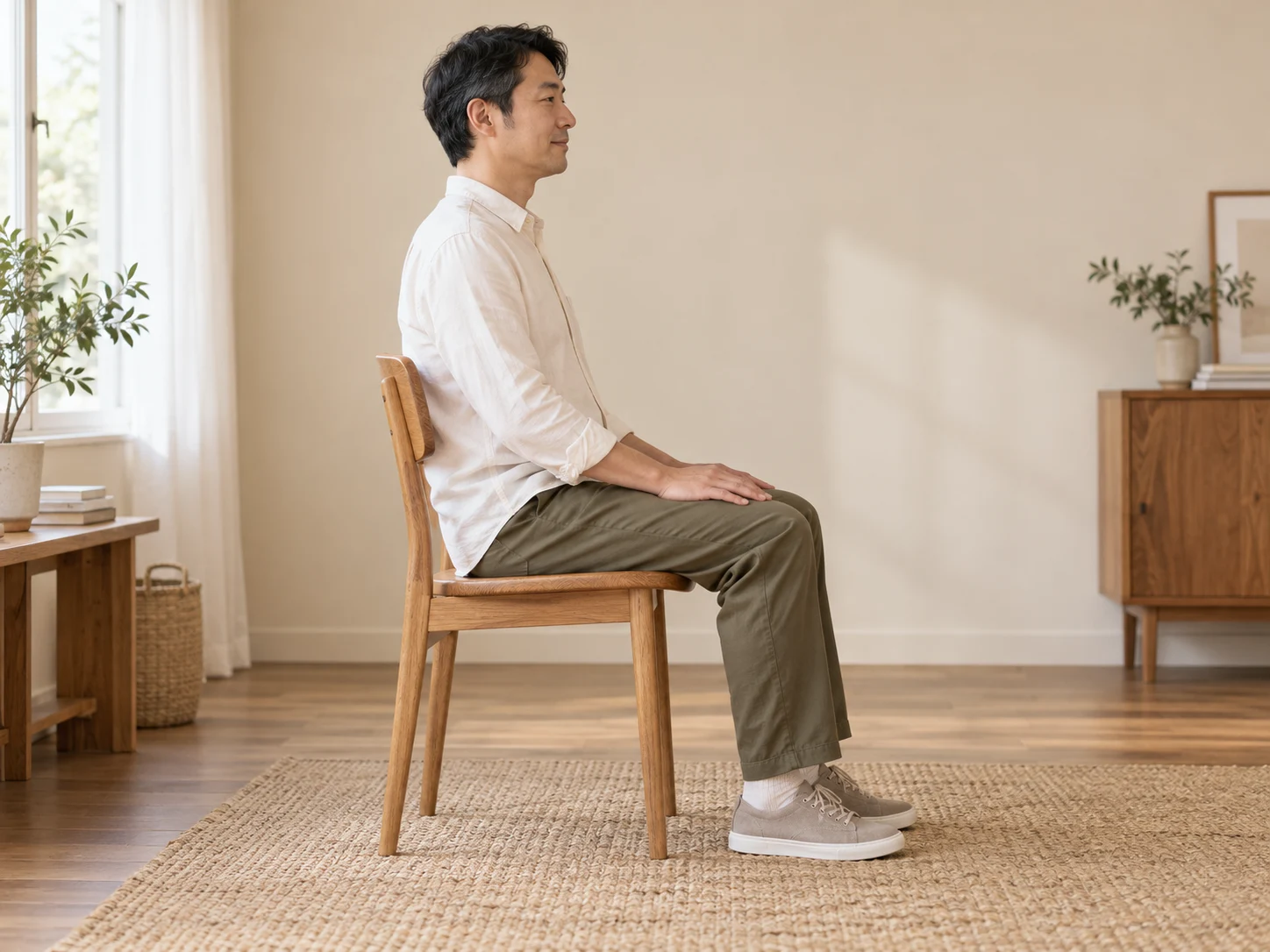 의자에 앉은 일상 자세를 보여주는 연출 이미지